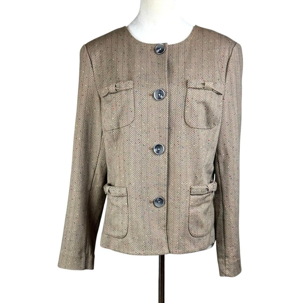 Cabi Womens Tan Herringbone Pattern Button Up Shoulder Pad Blazer with Pockets